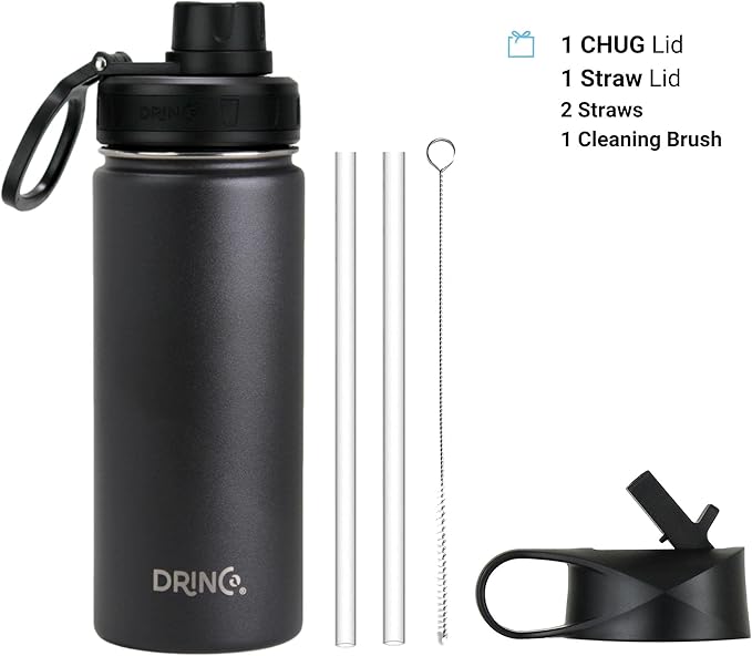 DRINCO Stainless Steel Water Bottle Spout Lid Vacuum Insulated Double Wall Water Bottle Wide Mouth (40oz 32oz 22oz 18oz 14oz) Leak Proof Keeps Cold or Hot (18 oz, 18oz Black)