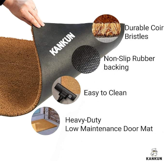 KANKUN Coco Coir Door Mat with Heavy Duty Backing, Welcome Doormat (17" x 30"), Doormat Entrance (Welcome1)