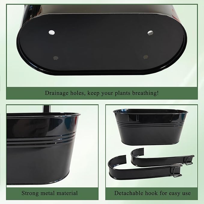 8 Pack Metal Hanging Planter for Outdoor Plants, 10 Inch Black Fence Planters Railing Pots for Garden Patio Balcony Decor, Flower Bucket with Detachable Hooks (Black, 8Pcs)