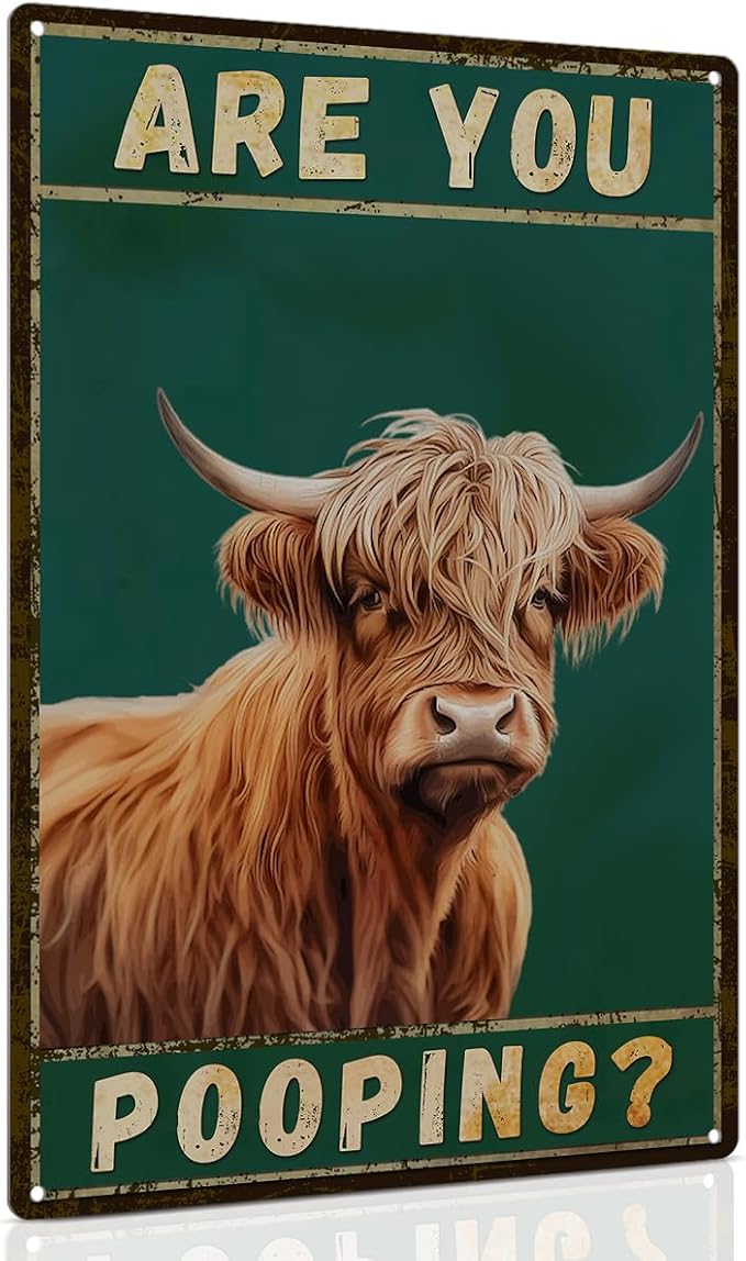 ALKB Funny Highland Cow Are You Pooping Metal Signs Vintage Farmhouse Bathroom Wall Decor Highland Cow Lovers Gift 8 x 12 Inch