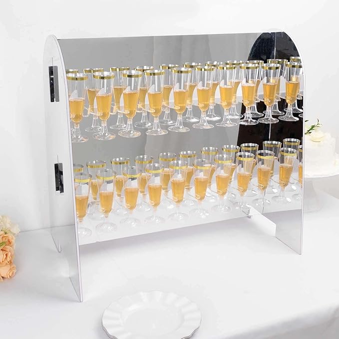 Tableclothsfactory Silver Mirror Finish 2-Tier Wine Glass Stemware Rack, 18 Champagne Flute Holder Foam Board Stand - 25"