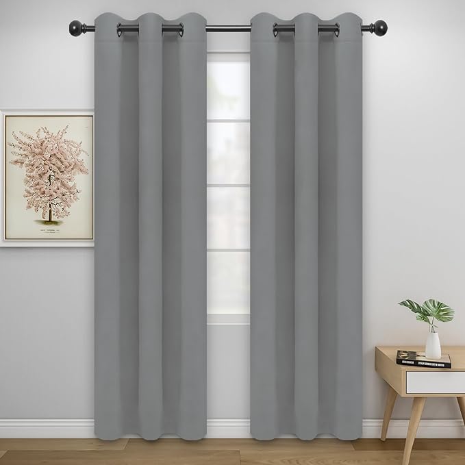 Easy-Going Blackout Curtains for Bedroom, Solid Thermal Insulated Grommet and Noise Reduction Window Drapes, Room Darkening Curtains for Living Room, 2 Panels (34x72 in, Light Gray)