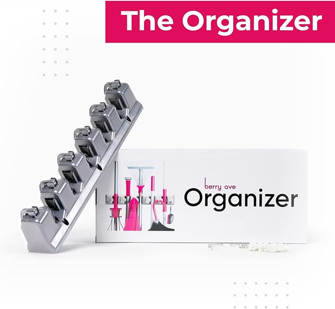 Berry Ave Broom Holder Wall Mount and Garden Tool Organizer, Closet Storage, Kitchen Rack, Home Organization and Garage Organizer for Rake or Mop Handles Up to 1.25-Inches, Hanger Plus 6 Hooks (Grey)