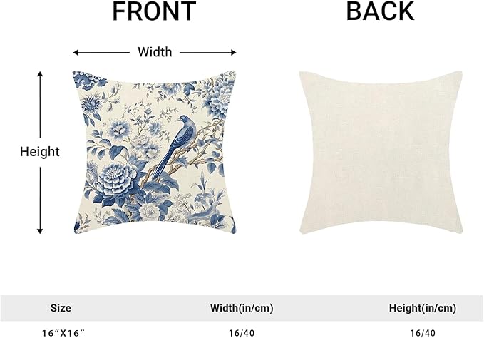 CXMEIFLY Spring Floral Pillow Covers 16 x 16 Inch Set of 2 for Chinoiserie Flowers Bird Decor Throw Pillows Vintage Blue and White Plant Outdoor Decorative Cushion Cases for Couch Bed Decorations