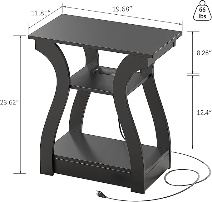 Black End Table Set of 2 with Charging Station, Side Table with USB Ports and Outlets, Black Nightstand, 3 Tier End Table with Storage Shelf for Living Room, Bedroom