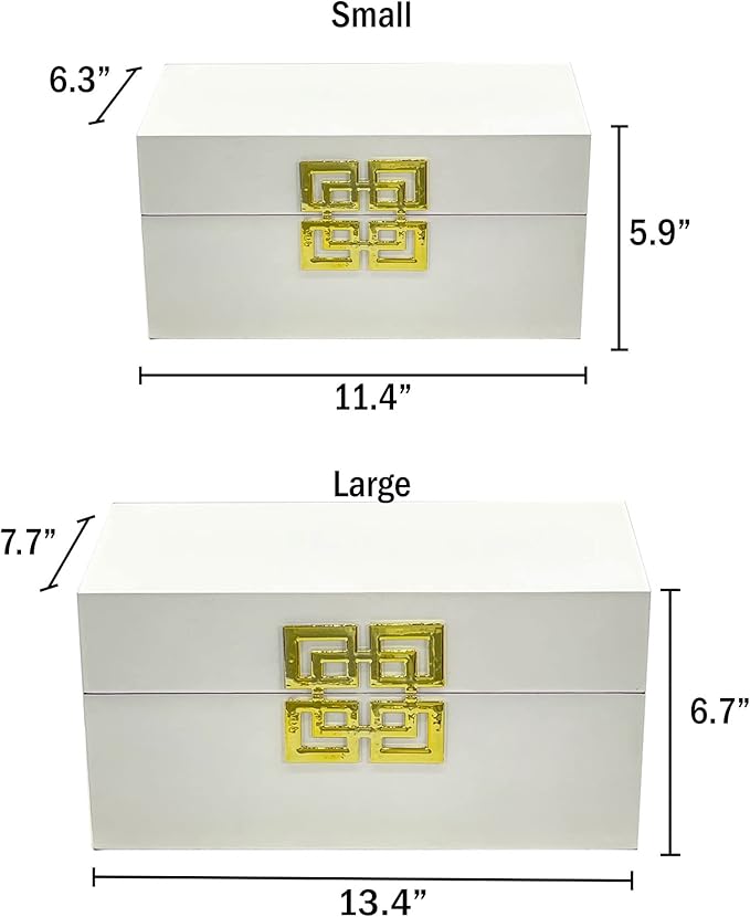 Galt International Large & Small Decorative Storage Box w/Hinged Lid - Classic Design Wood Decor Boxes with Geometric Opening Clasp - Home & Office Storage - Set of 2 (White + Gold)