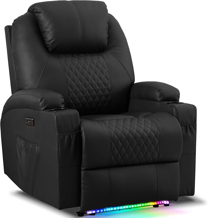 AHMED Power Recliner Chair with Vibration Massage & Heat for Adults, Faux Leather Home Theater Seating with Cup Holders/LED Lights/USB Ports/Side Pockets for Living Room, Black