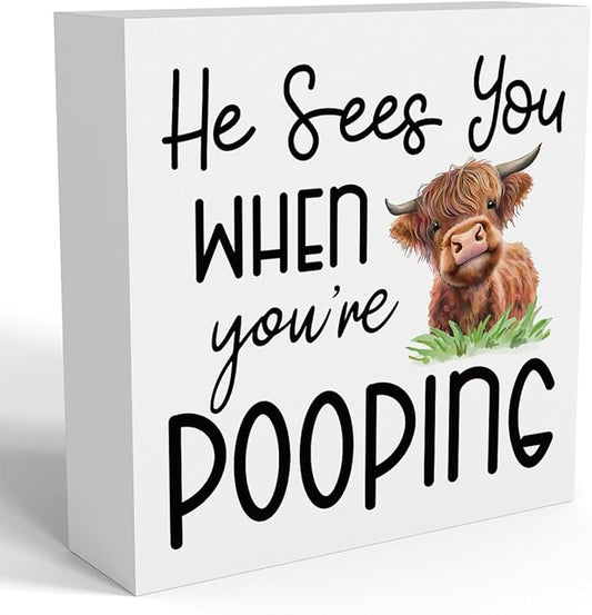 Funny Highland Cow Bathroom Decor Are You Pooping Sign Highland Cow Gifts for Women Highland Cow Nursery Decor, Wooden Box Decor Sign for Home Farmhouse Office Living Room Table Shelf Tiered