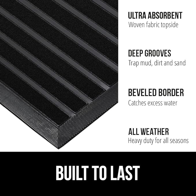 GORILLA GRIP 100% Waterproof All-Season WeatherMax Doormat US Designed Natural Rubber, Stain and Fade Resistant, Low Profile Indoor Outdoor Door Mats, Easy Clean Patio Mat, 23x35, Black Stripe