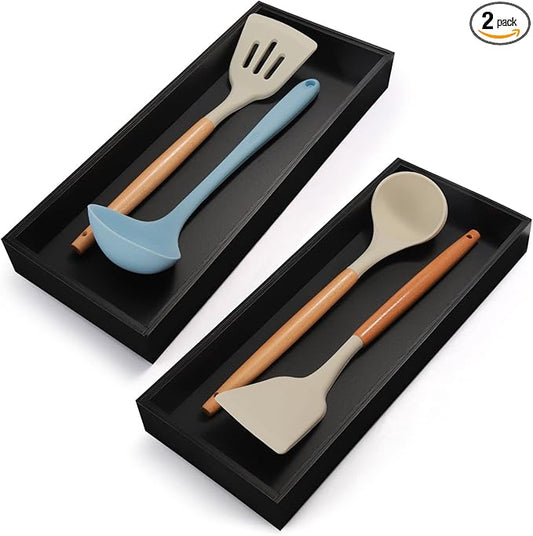 Bamboo Kitchen Drawer Organizer - Set of 2, Stackable Utensil Organizers, Wooden Storage Box Tray for Cabinet, Pantry, Bathroom Countertop, Multi-use Organization and Storage (Black)