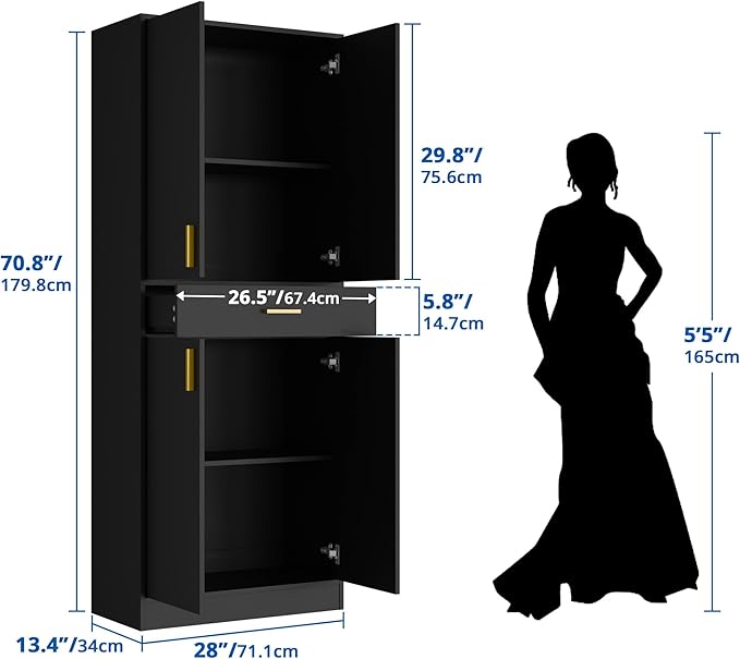 Cozy Castle Pantry Cabinet, 71" Tall Kitchen Storage Cabinet with Doors and Shelves, Freestanding Wood Cupboard Utility Hutch with Drawer for Dining Room Living Room Bathroom Furniture, Black
