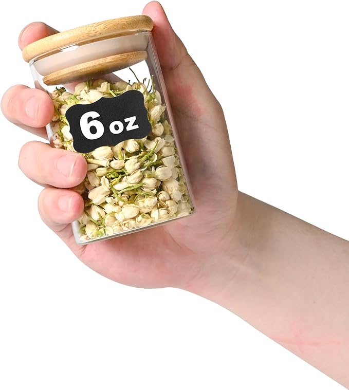 6oz Glass Food Storage Jars, Glass Jars with Bamboo Lids, Kitchen Storage Jars, Set of 12, Canisters with Airtight Lids for Spice, Coffee, Cookie, Pantry Organizers