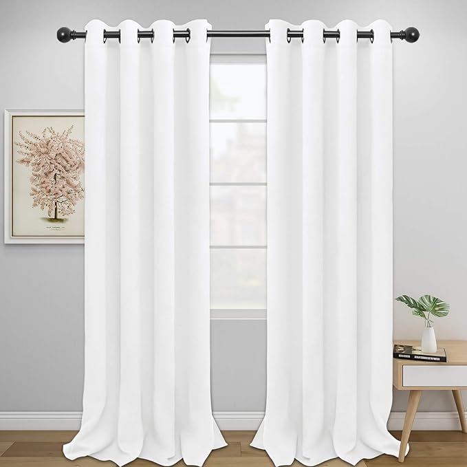 Easy-Going Blackout Curtains for Bedroom, Solid Thermal Insulated Grommet and Noise Reduction Window Drapes, Room Darkening Curtains for Living Room, 2 Panels (52x108 in,White)
