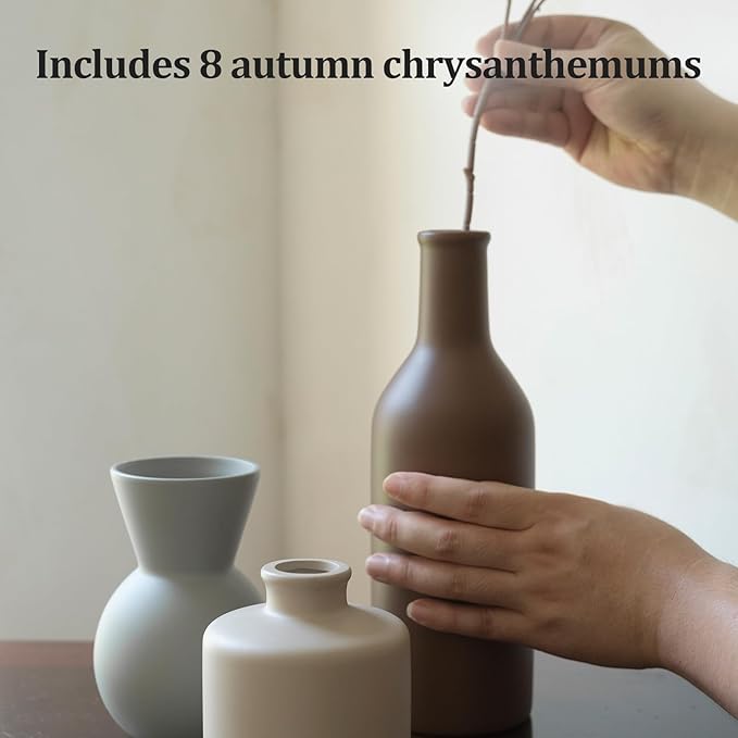 Fake Flowers in Vase for Centerpieces, Faux Flowers in Modern Ceramic Vase Set of 3 with 8 Artificial Autumn Chrysanthemums Home Decor