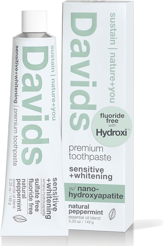 Davids Hydroxi Fluoride Free Nano Hydroxyapatite Toothpaste for Remineralizing Enamel & Sensitive Relief, Whitening, Antiplaque, SLS Free, Natural Peppermint, 5.25oz, Made in USA
