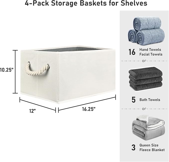 Closet Storage Bins, Linen Closet Organizers and Storage Basket for Shelves, Collapsible Shelf Baskets for Organizing Shelves, Bedroom Clothes Basket, Beige, 3 Pack