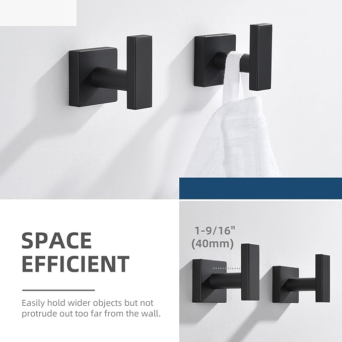 Angle Simple Bathroom Towel Hooks, Stainless Steel Robe Coat Hooks for Wall, Matte Black, 2 Pack