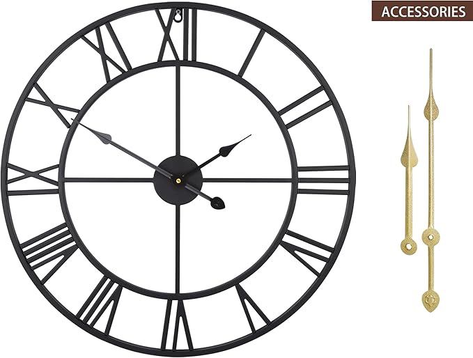 Large Modern Metal Wall Clocks Rustic Round Nearly Silent Little Ticking Battery Operated Roman Numerals Clock for Living Room/Bedroom/Kitchen Wall Decor-(Black, 47cm)