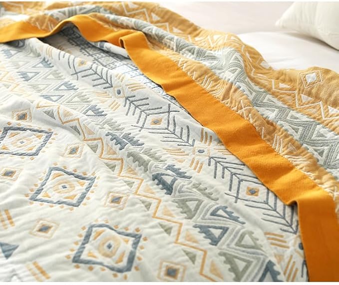 Boho Muslin Blanket for Adults 4-Layer Gauze Twin Size Soft Cozy 100% Cotton Cooling Blanket Geometric Farmhouse Decor for Sofa Bed Coverlet Both Sides (Boho-G-Yellow, Twin 60 x 80 in)