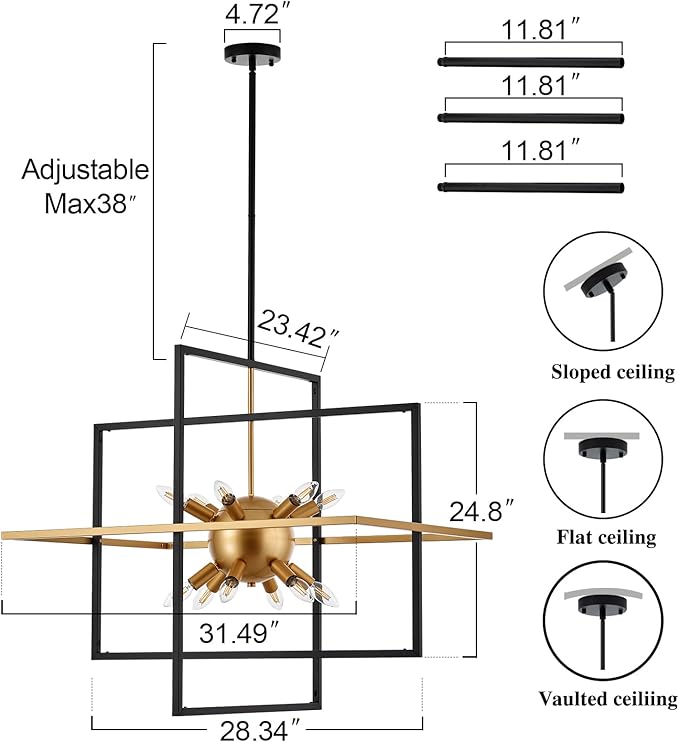 31.5'' Large Modern Lantern Chandeliers, 12-Light Black Gold Geometric Pendant Light Fixture, Industrial Hanging Chandelier for Entryway Foyer Hallway Dining Room, Kitchen Island