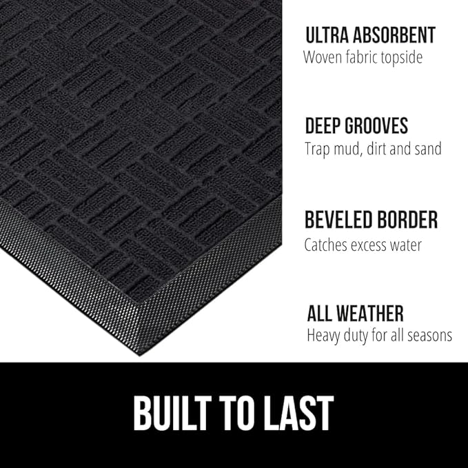 GORILLA GRIP 100% Waterproof All-Season WeatherMax Doormat, 60x24, US Designed Natural Rubber, Stain and Fade Resistant, Low Profile Indoor Outdoor Door Mats, Easy Clean Patio Mat, Midnight Maze