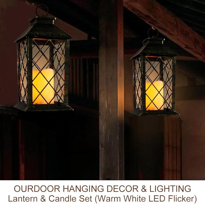 Bright Zeal 2-Pack 13.5" Vintage Candle Lantern with LED Candle (Distressed Gold, 6hr Timer) - IP44 Waterproof Outdoor Hanging Lanterns Battery Powered - Tabletop Lantern Decorative Home Lanterns