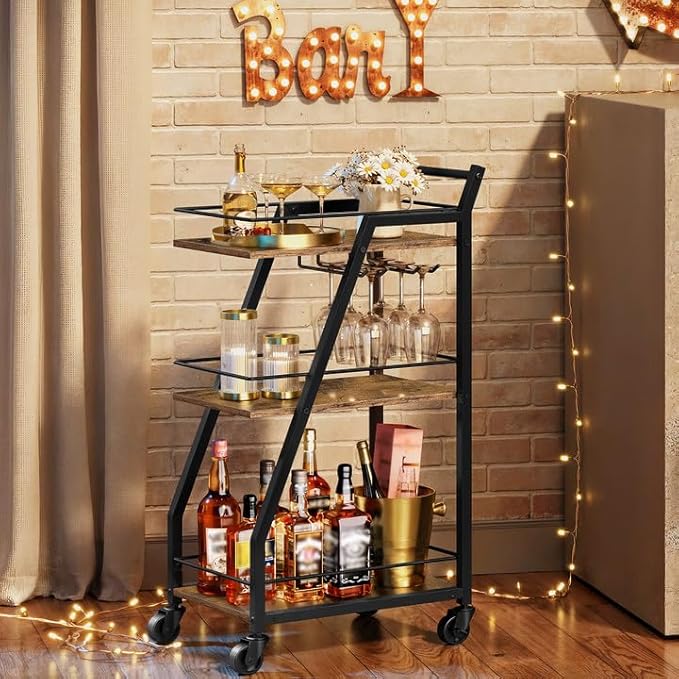 Bar Cart, 3-Tier Bar Cart for The Home, Home Bar Serving Cart with Glass Holders, Beverage Cart for Kitchen, Dining, Party Room, Rustic Brown and Black BC03BR