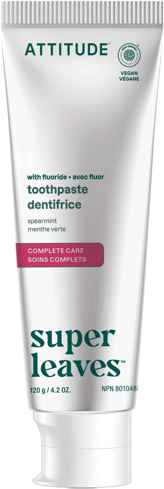 ATTITUDE Complete Care Toothpaste with Fluoride, Spearmint Flavor, Vegan & Cruelty-Free, Sugar-Free, Plant & Mineral-Based Ingredients, Clean Oral Care, 4.2 Oz