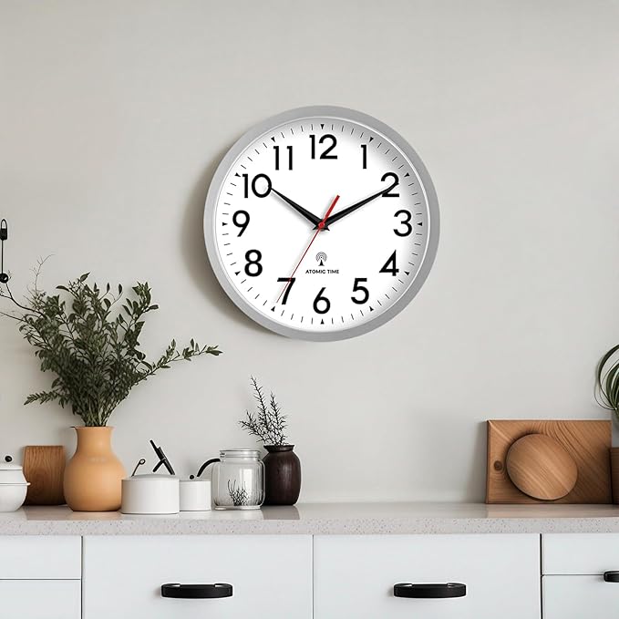 Atomic Wall Clock Analog 12 Inch Battery Operated Modern Decorative for Living Room Kitchen Office Bedroom Bathroom(Silver)