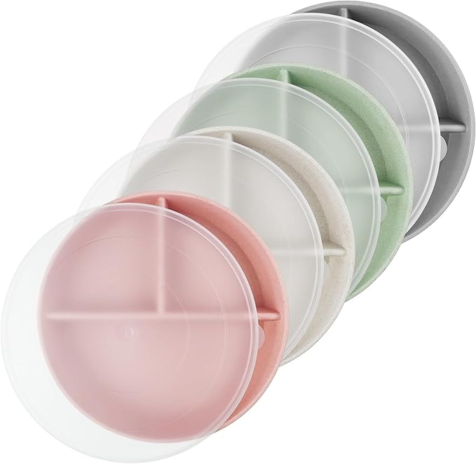 greenandlife 9 Inch 4PCS Divided Plates with Lids, Portion Control Plates for Kids Adults, Dishwasher Microwave Safe Compartment Plate, Unbreakable Lightweight Reusable Wheat Straw Plate Set, INS