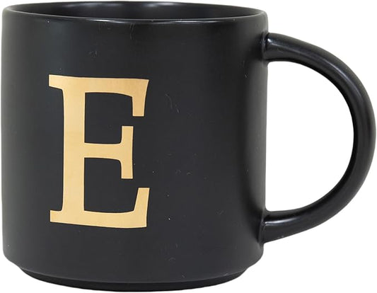 COLLECTIVE HOME - Monogram Ceramic Mugs, 15 oz Golden Initial Black Coffee Cups, Elegant Alphabet Tea Mugs, Elegant Personalized Mug with Gift Box, Unique Mug with Double Side Capital Lette (E)