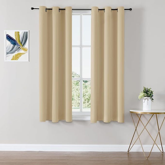 ChrisDowa Small Window Curtains 50 inches Long for Bedroom - Grommet Short Thermal Insulated Room Darkening Curtains for Kitchen (2 Panels, Biscotti Beige, 29 x 50 Inch)
