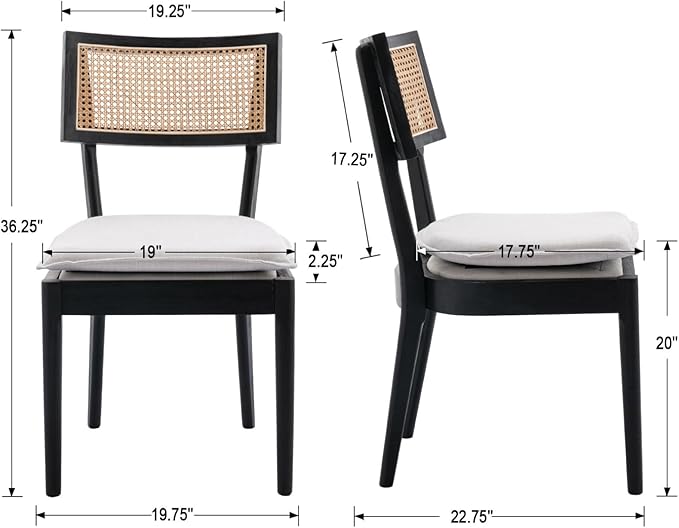 Rattan Dining Chairs Set Of 6 , Mid Century Modern Black Wooden Cane Back Chairs with Removable Linen Cushion , Retro Farmhouse Upholstered Kitchen & Dining Room Chairs for Restaurant Living Room