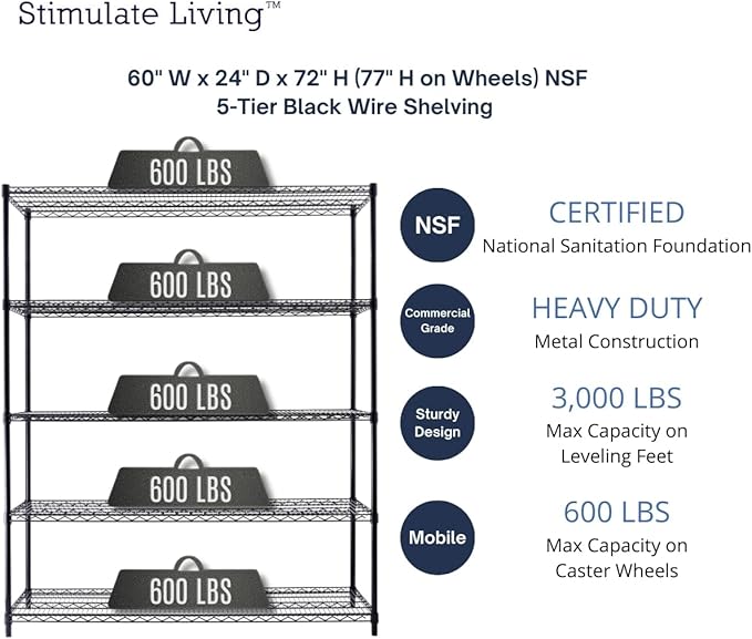 60"x24"x72" PRIME HEAVY DUTY Black 5-Tier Wire Shelving NSF 3000 LBS MAX Capacity Storage Rack for Commercial, School, Home, Garage, Warehouse, Industrial, and Hospital Uses (with Wheels)