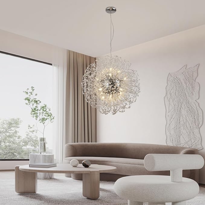 Dandelion Crystal Chandelier with Chrome, Modern Large Sputnik Hanging Lamp, Sunflower Beaded Pendant Light Fixtures High Ceiling for Living Room Bedroom Dining Room (Chrome 16Lights)