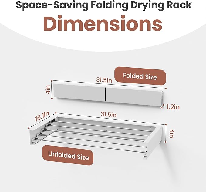 Foldable Wall-Mounted Drying Rack, Heavy-Duty 60 lb Capacity – Space-Saving Folding Laundry Hanger with 10 Clips, Rust-Proof Aluminium Clothes Dryer for Indoor & Outdoor Use