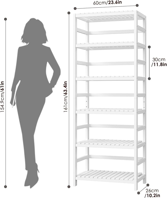 FOTOSOK 6-Tier Bamboo Shelf Set of 2, Bamboo Bookcase with Adjustable Shelves, Free Standing Storage Shelf Unit Plant Flower Stand, Tall Large White Bookshelf for Kitchen, Bathroom, Home Office, White