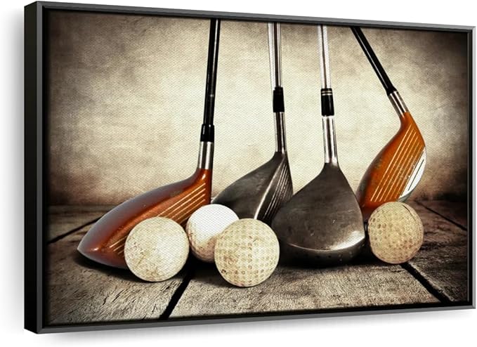 Elephant Stock Golf Sets Wall Art - Horizontal Framed Canvas - 1-Piece Mancave Wall Decor - Photography Sports Canvas Print - Yellow and Brown Decor for Wall - 37" X 25"