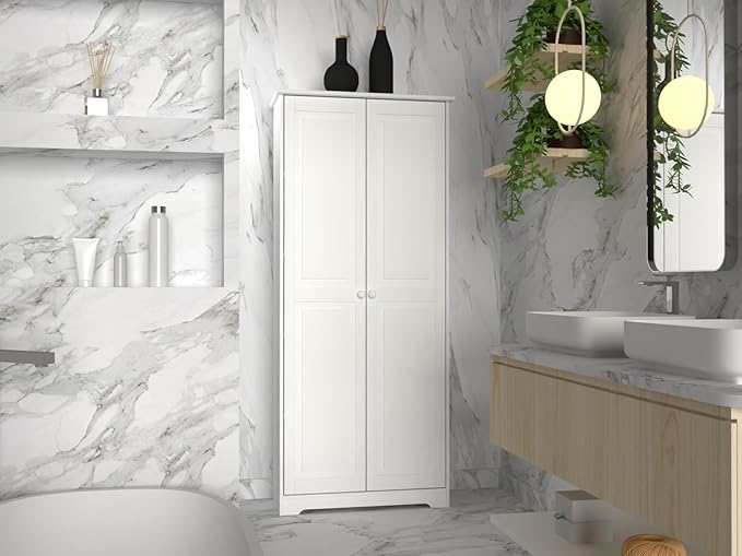 Pantry Cabinet Storage Cabinet with 2 Doors Solid Wood - Adjustable Shelves for Kitchen, Dining Room, or Utility Room Organization