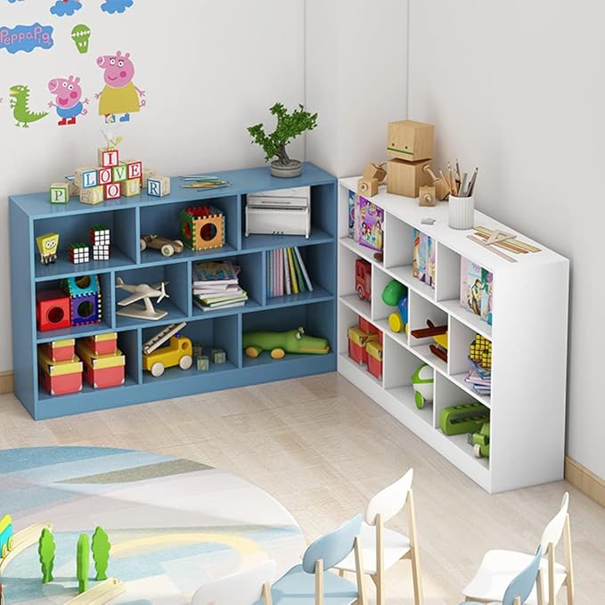 IOTXY Open Shelf Low Bookcase - Wooden 3-Tier Floor Standing Display Cabinet Organizer with Base, 5 Cubes Short Horizontal Bookshelf in Bright Blue