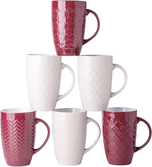 AmorArc Large Coffee Mugs Set of 6, 20oz Ceramic Tall Coffee Mugs Set with Textured Geometric Patterns for Coffee/Tea/Beer/Hot Cocoa, Dishwasher & Microwave Safe, Beige&Burgundy