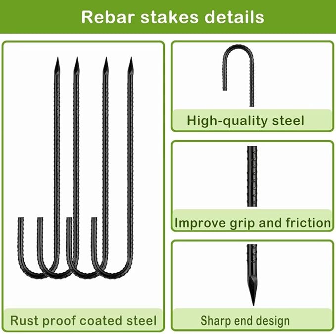 Ground-Stakes-Heavy-Duty-12 inch, J-Hook Rebar Stakes Black Coated Anti-Rust 10pcs Garden Stakes Metal Ground Anchors for Garden Dog Fence Chicken Coop Christmas Decorations Deer Fence