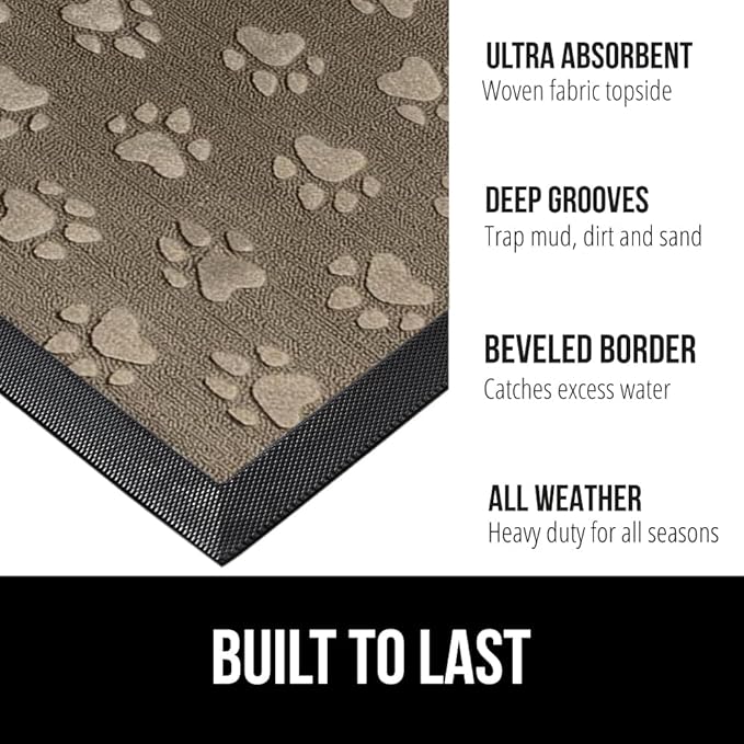 GORILLA GRIP 100% Waterproof All-Season WeatherMax Doormat 35x23, US Designed Natural Rubber, Stain and Fade Resistant, Low Profile Indoor Outdoor Door Mats, Easy Clean Patio Mat, Tan Pawprints