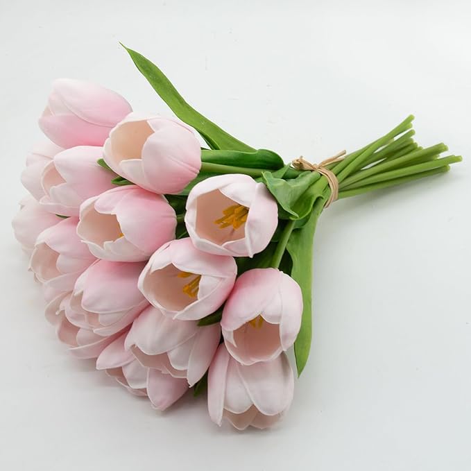 Buart Artificial Tulip in Bulk for Home Kitchen Wedding Bridal Bouquet,Fake Flowers for Valentine's Day Mother's Day Easter Table Centerpieces Decorations(Large Size,Pink,Real-Touch,12pcs)