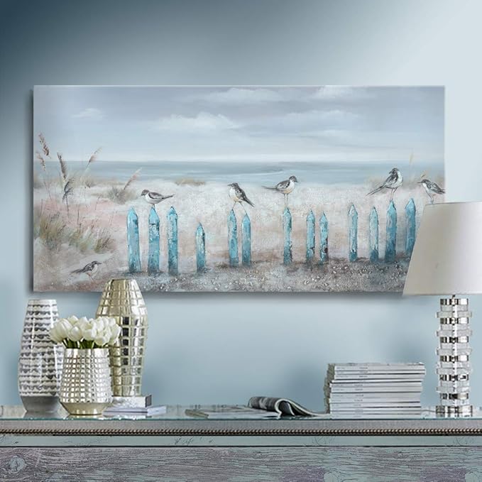 amatop Ocean Beach Wall Art 3D Framed Hand-Painted Seascape Oil Painting Perching Bird Canvas Artwork 'The Tranquility by The Sea Shore' for Living Room Bedroom Decor Coastal Blue