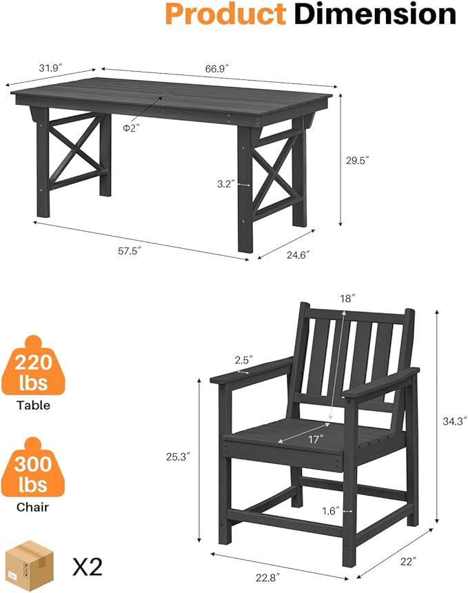 7 Pieces HDPE Outdoor Dining Set, Patio Dining Set with Umbrella Hole, All Weather Outdoor Dining Table Sets for 6, HDPE Patio Furniture Sets for Deck, Backyard, Lawn, and Poolside, Obsidian