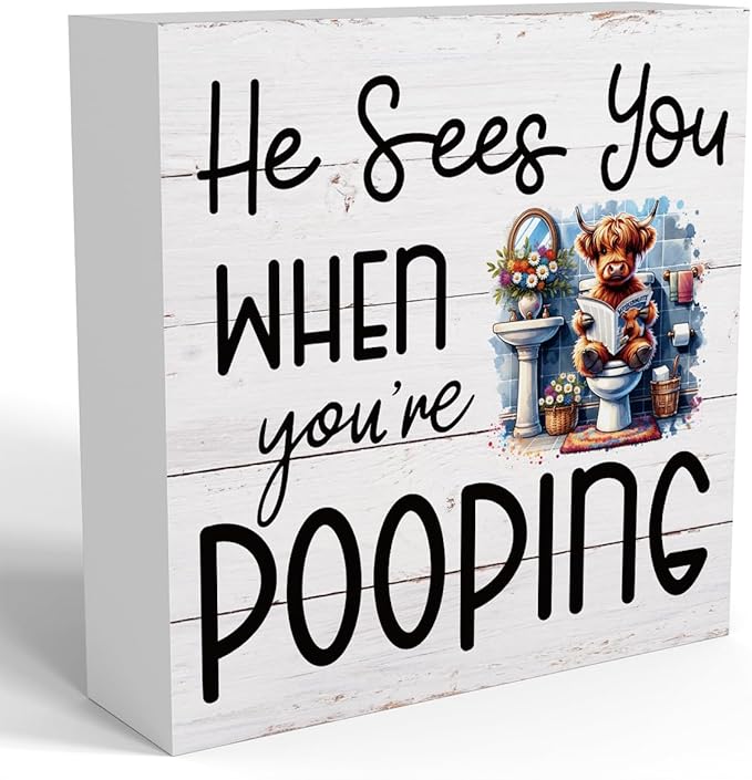 Funny Highland Cow Decor Memorial Day Fourth of July Independence Day Decorations Red White and Blue Decor, Rustic Farmhouse Home Office Wooden Box Sign for Bathroom - He Sees You When You're Pooping