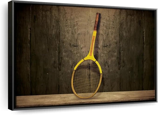 ElephantStock Vintage Tennis Racket Wall Art - Horizontal Framed Canvas - 1-Piece Living Room Wall Decor - Photography Sports Canvas Print - Brown and Black Decor for Wall - 40" X 27"