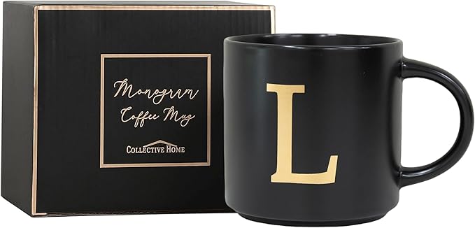COLLECTIVE HOME - Monogram Ceramic Mugs, 15 oz Golden Initial Black Coffee Cups, Elegant Alphabet Tea Mugs, Elegant Personalized Mug with Gift Box, Unique Mug with Double Side Capital Lette (L)