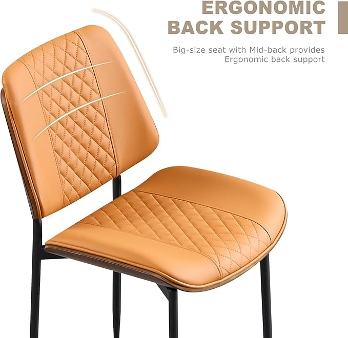 BV Dining Chairs Set of 2, PU Leather Armless Kitchen Chair in Modern Walnut Style, Mid Century Bentwood Side Chair with Metal Legs, Retro Accent Guest Chair for Kitchen Dining Room(Brown)